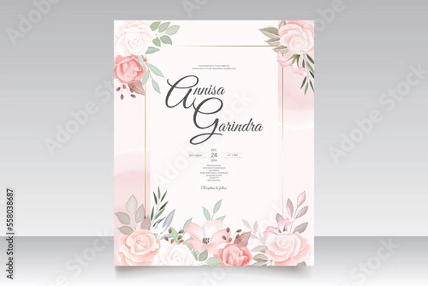 Obraz  Elegant wedding invitation card with beautiful floral and leaves template Premium Vector