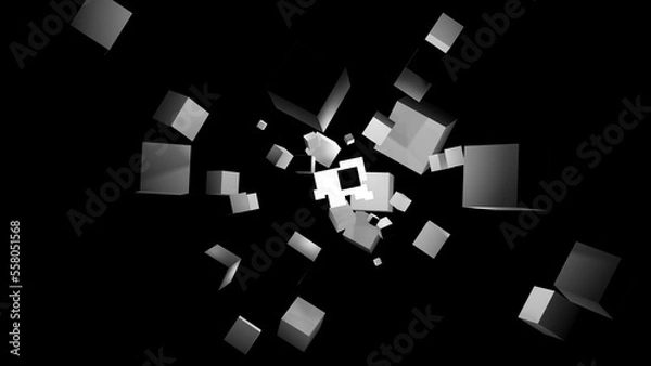 Fototapeta The 3d illustration of abstract multiple white cube in explode style with another cube in the black space