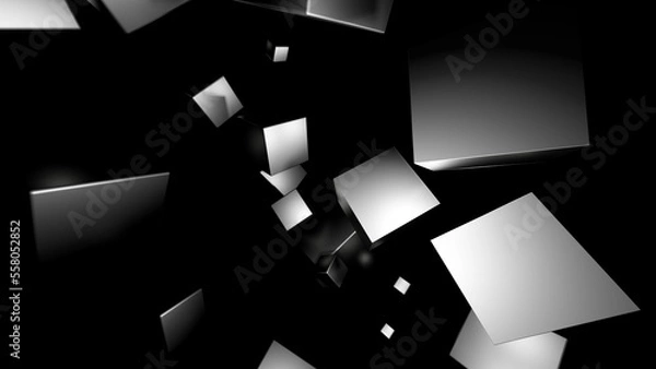 Fototapeta The illustration 3d render of abstract explode concept three black cube box in the black space