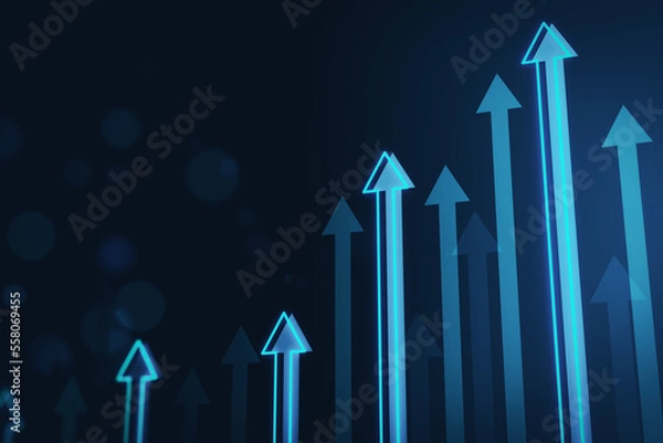 Fototapeta Growth and business success concept with digital blue arrows growing up on abstract dark background. 3D rendering