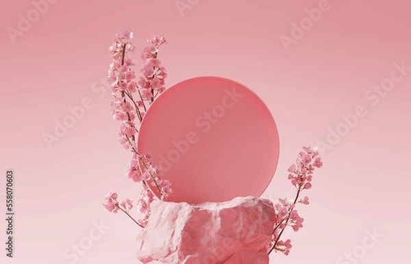 Fototapeta 3D background, pink podium, stone display. Sakura pink flower tree branch with shadow. Floral Cosmetic or beauty product promotion step pedestal. Abstract minimal 3D render. Copy space spring mockup.