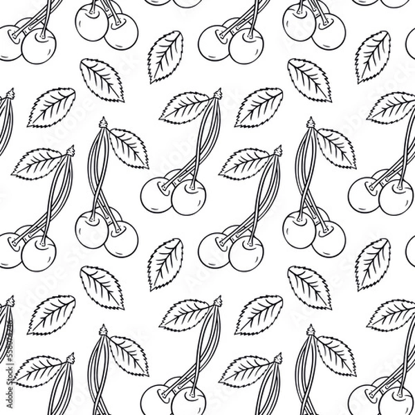 Fototapeta Cherries and leaves on a white background. Seamless pattern. Can be used for pattern fills, web page background, surface textures