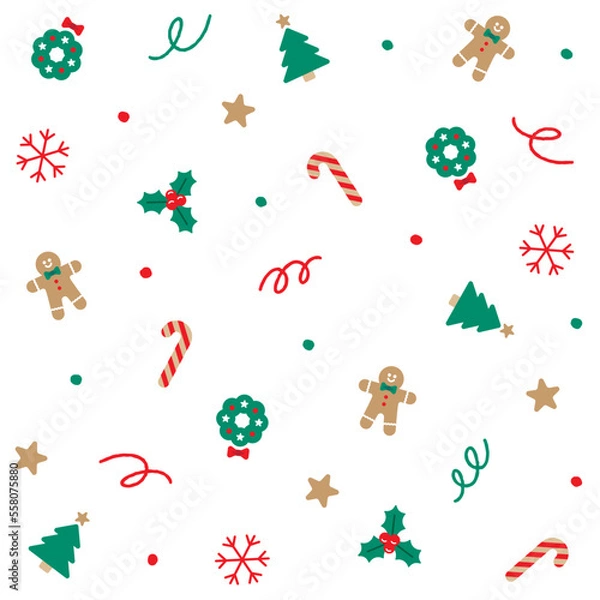 Fototapeta Cute Merry Christmas Holly Star Snowflake Gingerbread Candy Cane Christmas Tree Confetti Element Ditsy Sprinkle Sparkle Dot Spring Line Abstract Red Green Seamless Pattern Background Christmas Party