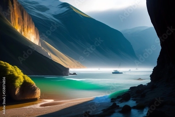 Fototapeta A picturesque scene of a natural cliff and cave beside an ocean with mountains and a boat graces the landscape.