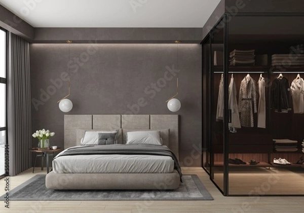 Fototapeta Bedroom with window in pastel colors, minimalism, with double bed, bedside table, wardrobe with sliding glass doors, hanging lamps. 3d render, illustration