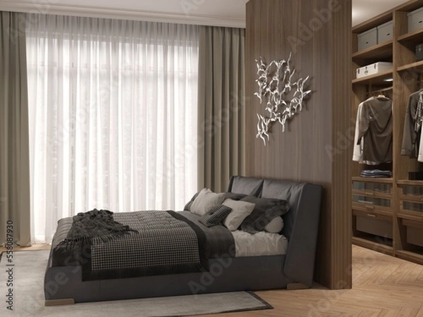 Fototapeta Modern interior design of bedrooms with wood wall, with dressing area in the bedroom, accent lighting, wardrobe, dressing room behind the partition, 3d rendering