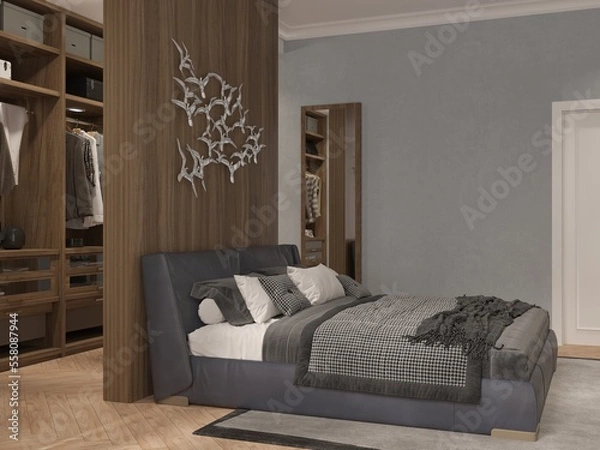 Fototapeta Modern interior design of bedrooms with wood wall, with dressing area in the bedroom, accent lighting, wardrobe, dressing room behind the partition, 3d rendering