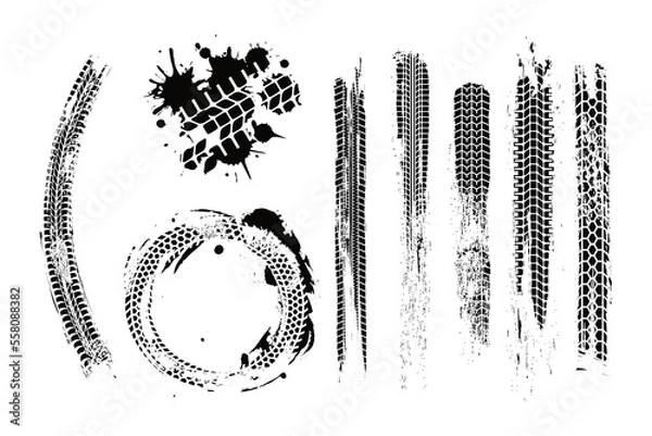 Fototapeta Tire tracks, tire mark. Tracks of tyre, tire print traces and bike drift treads, vector dirt wheels background. Dirty grunge print textured, car and motorcycle tire track set.