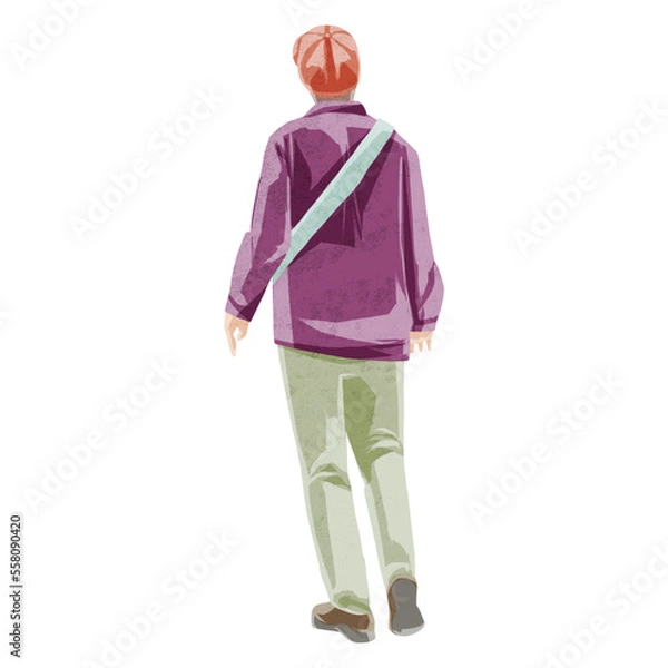 Fototapeta 散歩する人の後ろ姿手描き水彩風イラスト