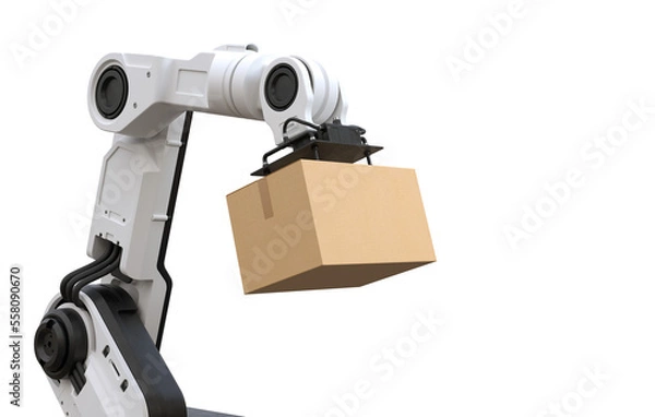 Fototapeta Robot arm lifting a cardboard box on transparent background, PNG file