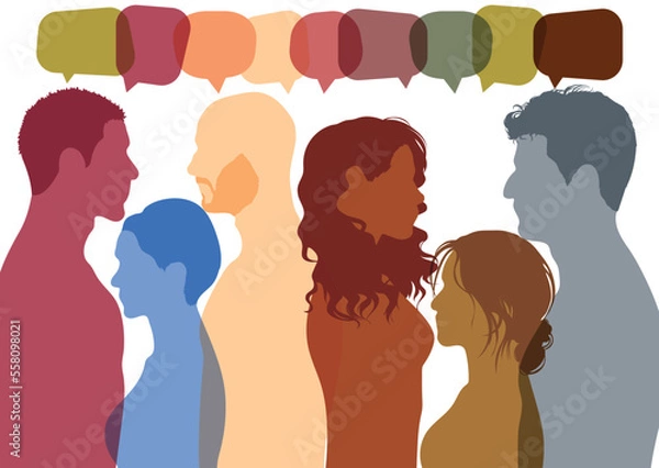 Fototapeta People of diverse backgrounds and speech bubbles. Vector Illustration. A group of international people are talking. Use social media to communicate. Race and communication.