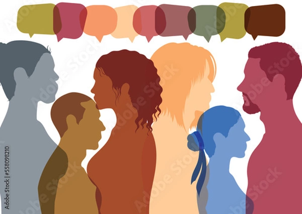 Fototapeta Social networks are a great way to communicate, share information and share ideas. Vector Illustration. Face-to-face communication between international people. Bubbles of speech and communication. 