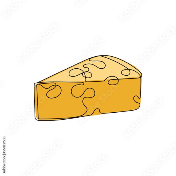 Obraz Piece of yellow cheese with holes in one line drawing style. Dairy, milk products. Hand drawn vector illustration.