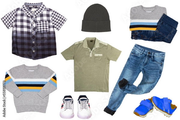 Obraz Collage set of little boys spring clothes isolated on a white background. Denim trousers or pants, a pair of shoes, sneaker, cap, shirts and jumpers for child boy. Children's autumn and winter fashion