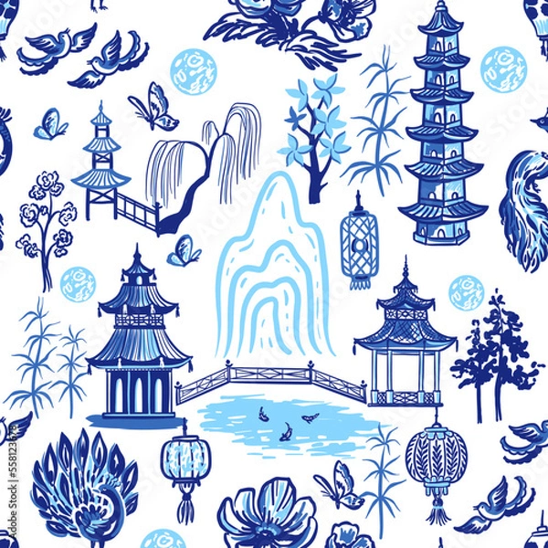 Fototapeta Chinese theme landscapes with pagodas, mountains, trees,birds, bridges. Seamless pattern with vector hand drawn illustrations in toile chinoiserie style
