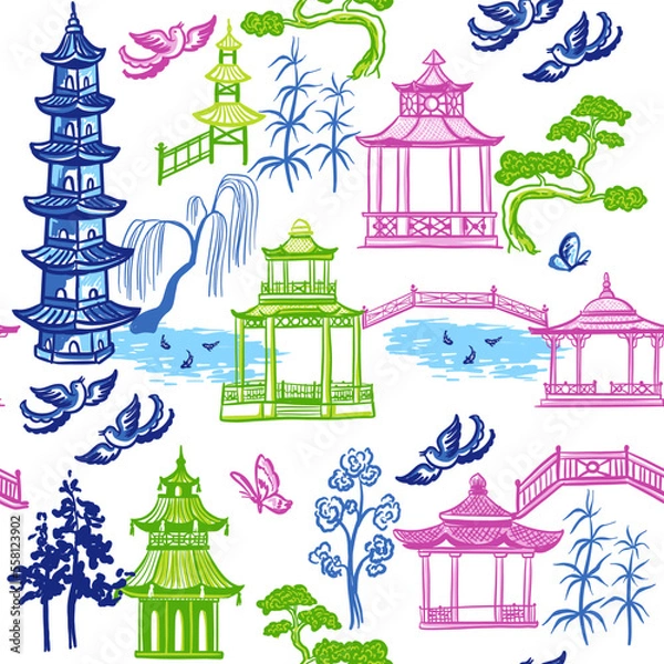 Fototapeta Pagodas and trees. Seamless vector pattern with hand drawn sketch illustrations with chinoiserie theme
