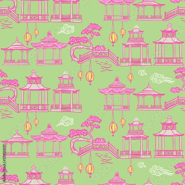 Fototapeta Chinese pagodas in the valley. Seamless vector pattern with hand drawn illustration in chinoiserie style
