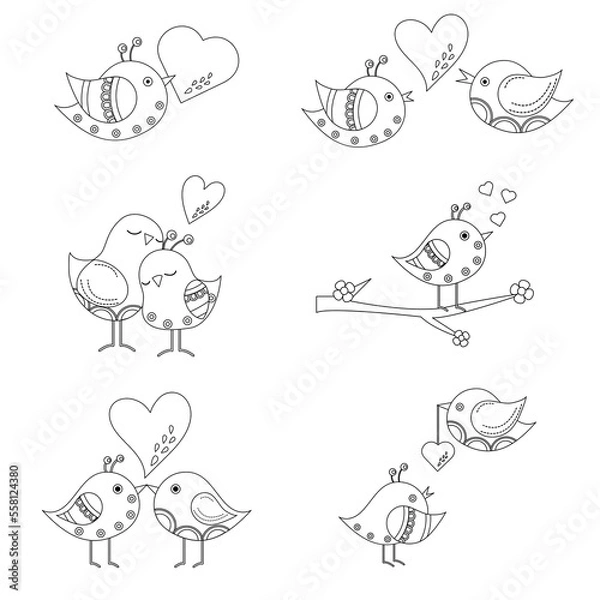 Fototapeta Collection of outline of cartoon birds in love. Valentine's Day