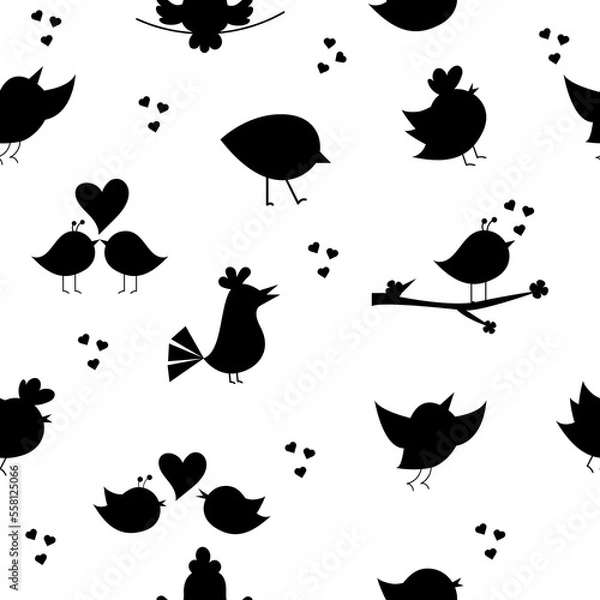 Fototapeta Seamless pattern silhouette of cartoon birds.