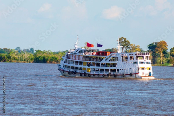 Obraz A cruise ship sailing on the Amazonas river in the middle of the amazon forest