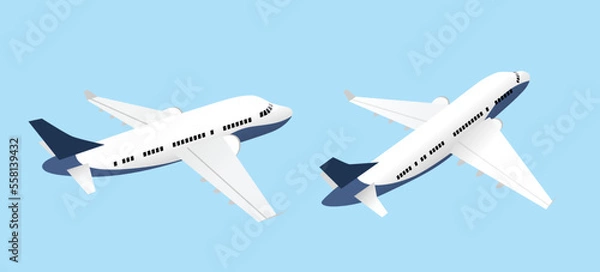 Obraz Airplanes isolated above view set flat vector. Two flying airplanes view from side and behind.
