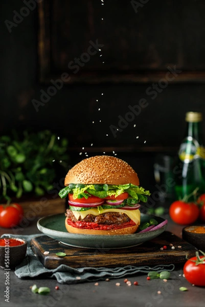Obraz Burger with beef, cheese, green salad, tomato and onion on wooden board. American food concept. Fast food meal.