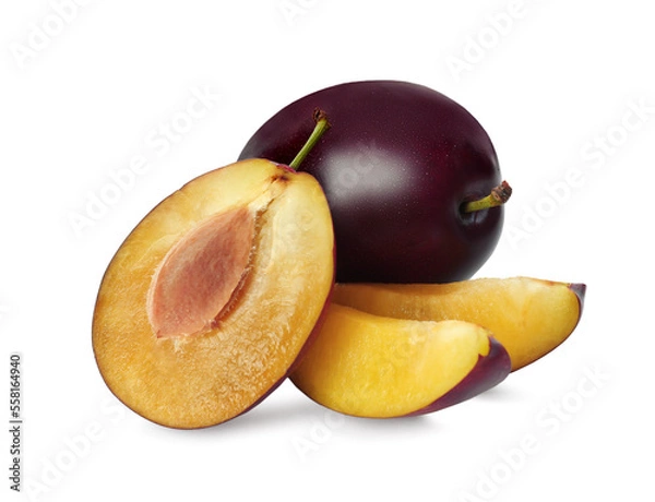 Fototapeta Whole and cut ripe plums on white background