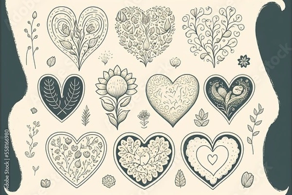 Fototapeta Heart generative ai illustration. Love icon of black hearts with flowers scribble. Cartoon doodle design isolated on white background. Thin stripes. Elements for Valentines.