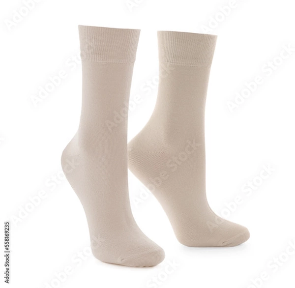 Fototapeta Pair of beige socks isolated on white