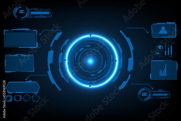 Obraz ชื่อ	
digital interface HUD elements set pack. User Interface, frame screens. Callouts titles, FUI circle set, Loading bars. Dashboard reality technology screen. Vector	

