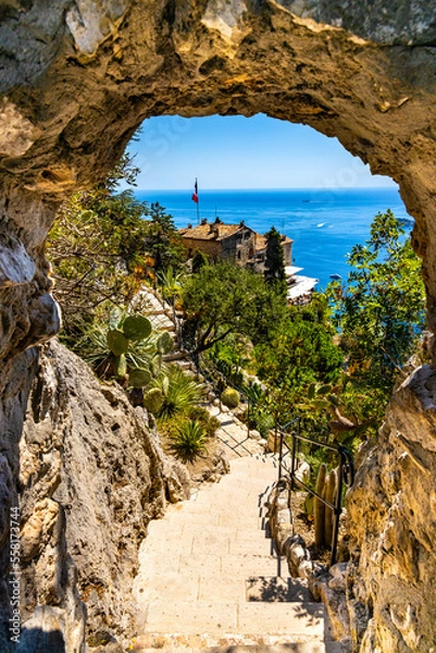 Fototapeta Exotic Botanic Garden Le Jardin de Exotique on top of medieval fortress castle hill in historic town of Eze at Azure Cost of Mediterranean Sea in France