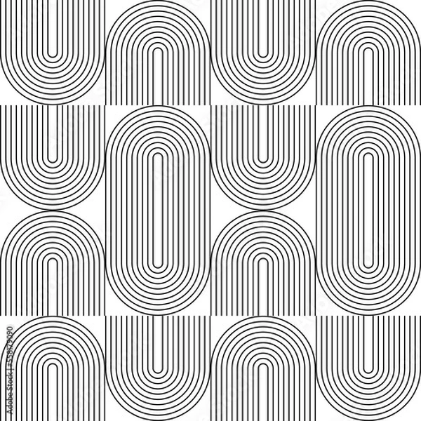 Fototapeta Modern vector abstract seamless geometric pattern with semicircles and circles in retro  style. Black u shapes on white background. Minimalist  illustration in Bauhaus style with simple shapes.