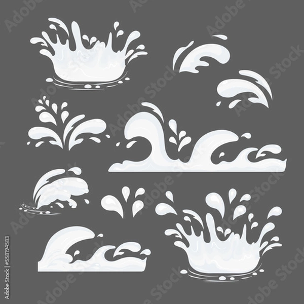 Fototapeta Splashes, drops of milk. Vector set on a gray background.