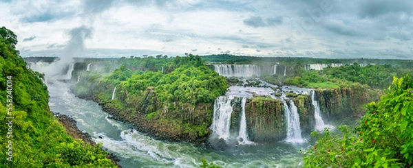 Obraz Iguazu Falls seen from the Brazilian side with tousist boat on small lake