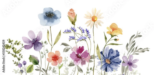 Fototapeta Border of delicate multicolored  flowers, watercolor illustration for design.	
