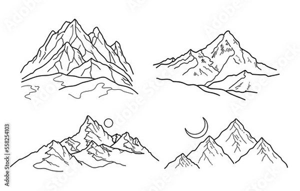 Fototapeta Set of 4 mountain range hiking landscape vector line art svg outline	