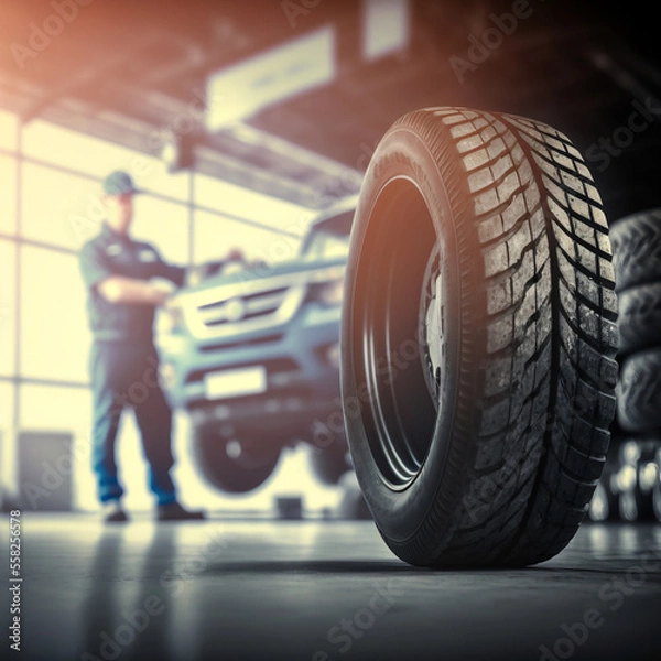 Fototapeta Automotive car mechanic working in the garage and changing a tire from light wheels. Repair or maintenance of auto service.