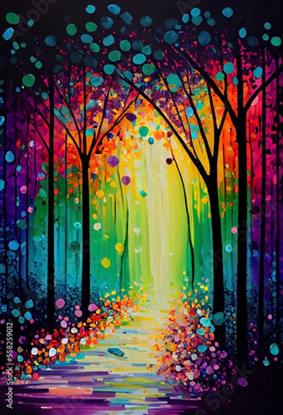 Fototapeta Enchanted Forest with Vibrant Colors and Sparkling Light Background
