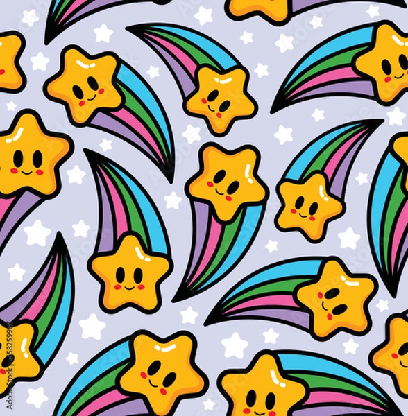 Fototapeta Cute Kawaii Shooting Star Seamless Vector Pattern