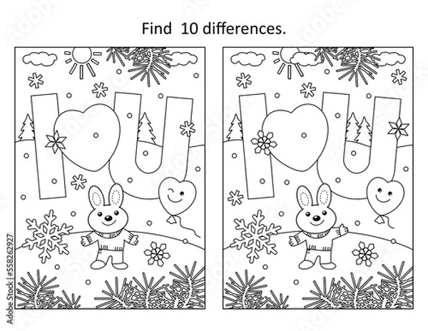 Fototapeta Valentine's Day difference game and coloring page with I Love You message and cute little bunny
