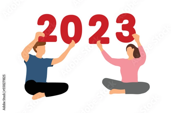 Fototapeta a couple of lovers holding New Year's numbers 2023 in hands. Flat graphic vector illustration isolated on white background