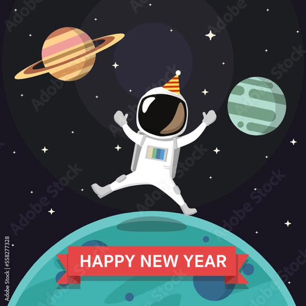 Fototapeta Astronaut Party New Year Celebrate in Space Cartoon Vector Illustration. Space Icon Concept Isolated Premium Vector. Cartoon Style