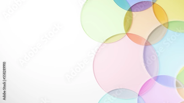 Fototapeta 白背景にカラフルな円形のガラスが複数配置された画像。俯瞰。コピースペース（横長）