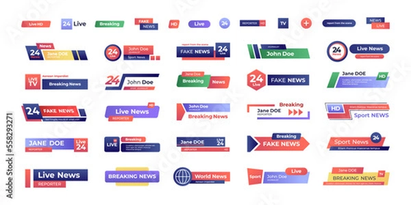 Fototapeta Breaking news banner. Set of tv titles and bars for video streaming broadcasting, television channels lower third header templates. Vector collection of tv breaking banner, bar broadcast illustration