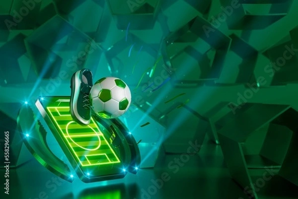 Fototapeta 3d football object design. realistic rendering. abstract futuristic background. 3d illustration. motion geometry concept. sport competition graphic. tournament game bet content. soccer ball element.
