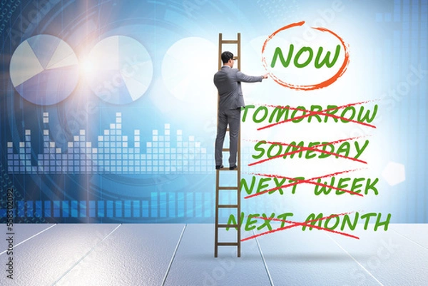 Fototapeta Concept of procrastination with now or later