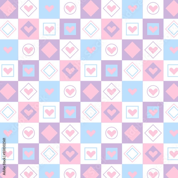Fototapeta Squares pattern with heart. Pink patchwork with the word Love.