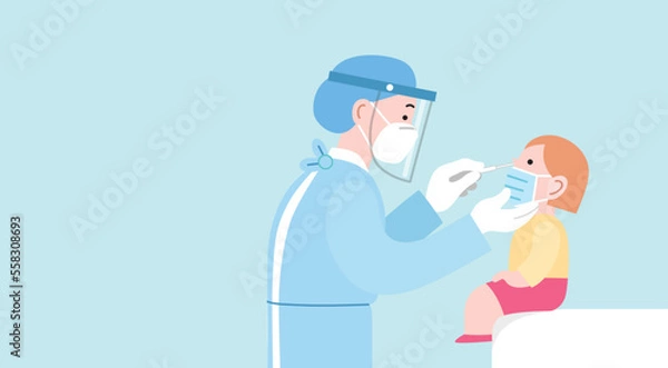 Fototapeta Woman doctor or medical worker testing a child with nasal swab to test her positivity to covid-19 or coronavirus. Flat vector illustration with profile portraits. Pcr or antigen child testing.