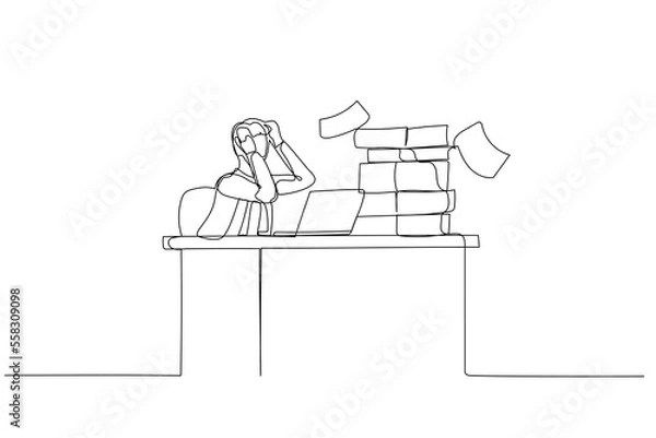 Fototapeta Illustration of businessman frustated sitting on office busy desk concept of overwhelmed. Single continuous line art