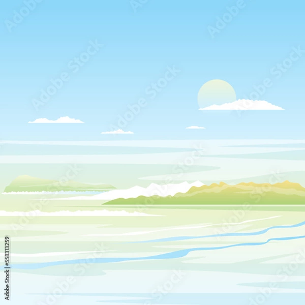 Fototapeta Seascape background with green islands in light colors, nature illustration